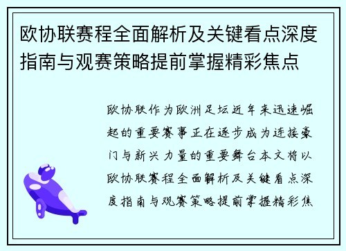 欧协联赛程全面解析及关键看点深度指南与观赛策略提前掌握精彩焦点