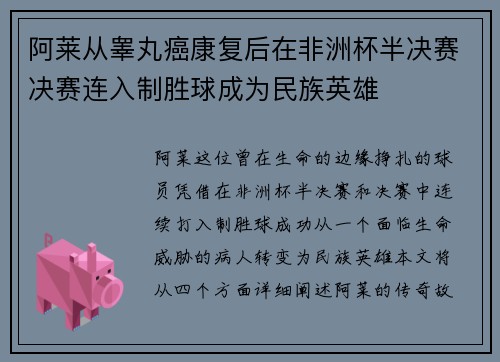 阿莱从睾丸癌康复后在非洲杯半决赛决赛连入制胜球成为民族英雄 阿莱从睾丸癌康复后在非洲杯半决赛决赛连入制胜球成为民族英雄