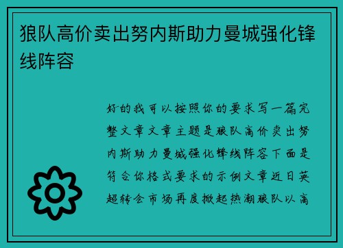 狼队高价卖出努内斯助力曼城强化锋线阵容