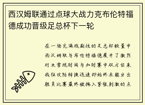 西汉姆联通过点球大战力克布伦特福德成功晋级足总杯下一轮