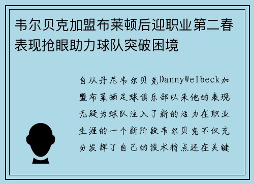 韦尔贝克加盟布莱顿后迎职业第二春表现抢眼助力球队突破困境