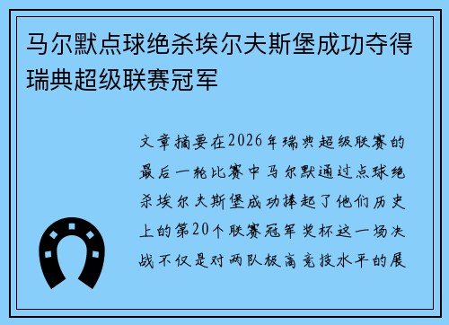 马尔默点球绝杀埃尔夫斯堡成功夺得瑞典超级联赛冠军